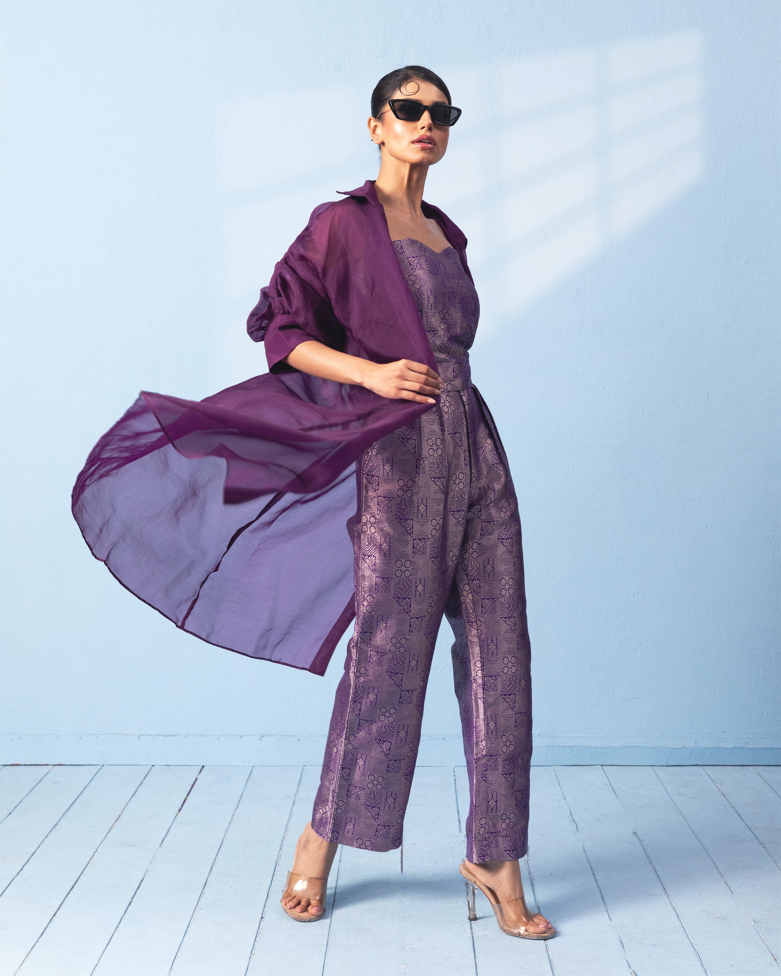 Purple Corset with Trouser and Sheer Organza Jacket