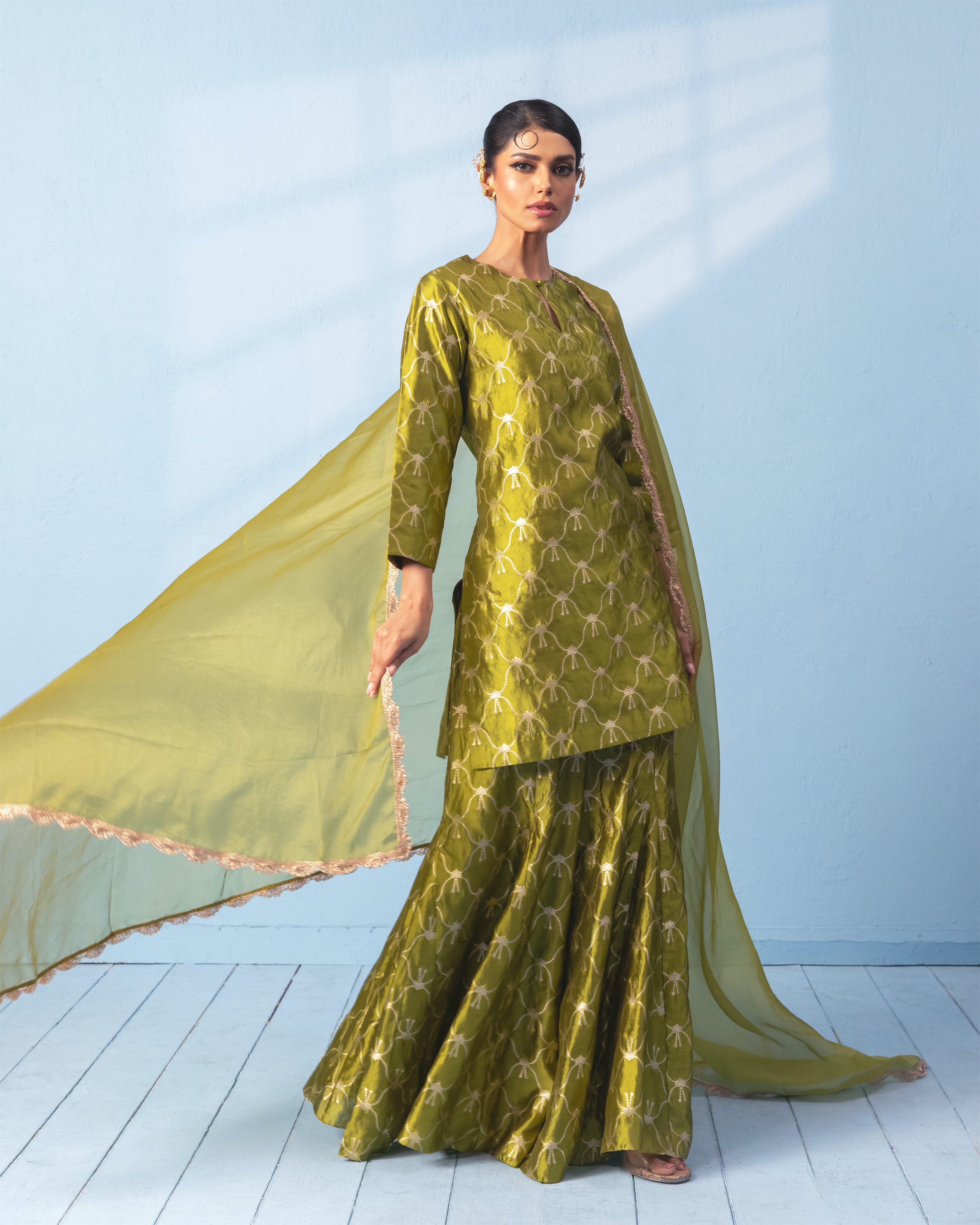 Green Sharara Set with Organza Dupatta