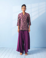 Purple Short Kurta with Satin Drape Pant Set