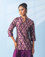 Purple Short Kurta with Satin Drape Pant Set