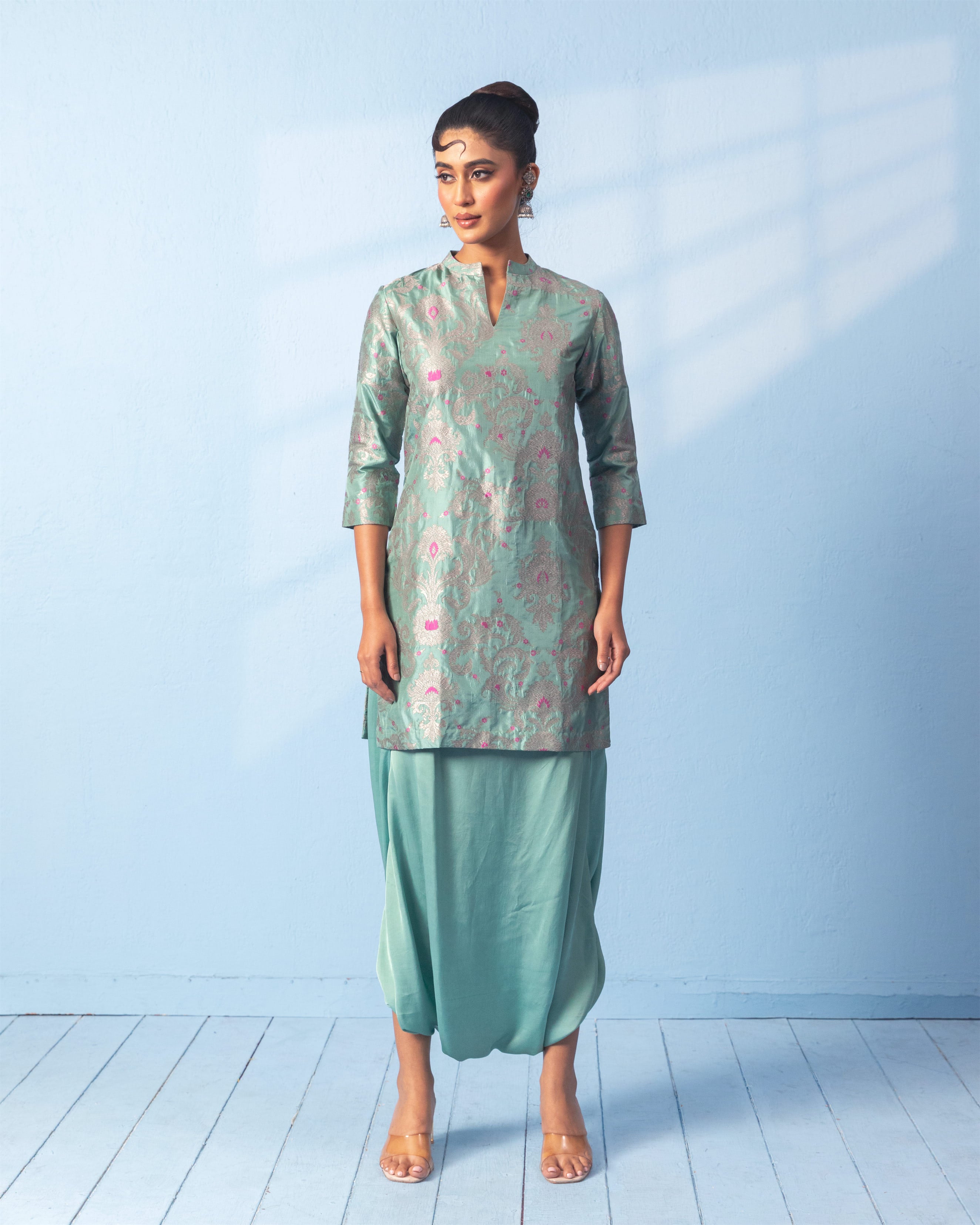 Sage Green Short Kurta with Satin Dhoti Set