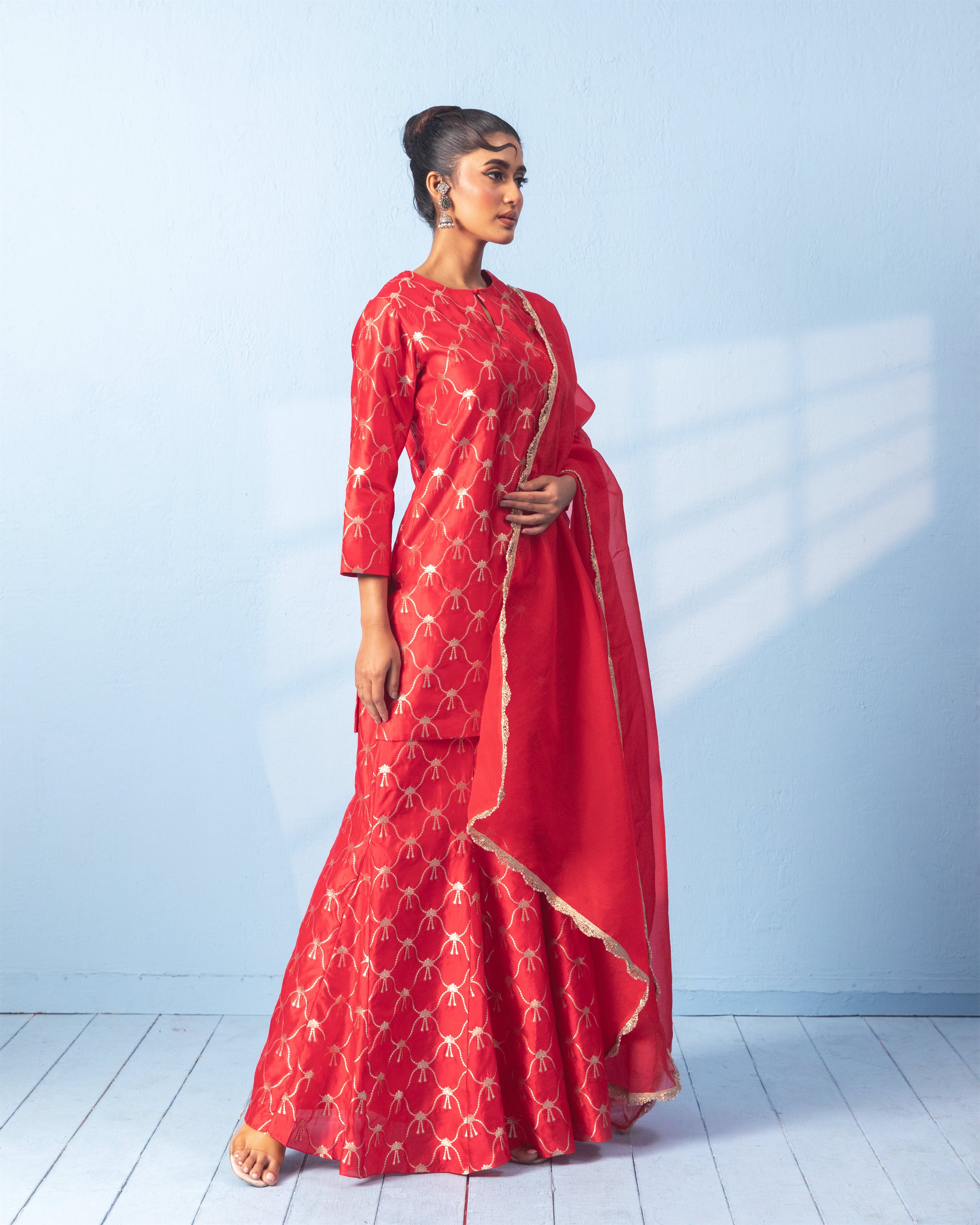 Red Banarasi Sharara Set with Organza Dupatta