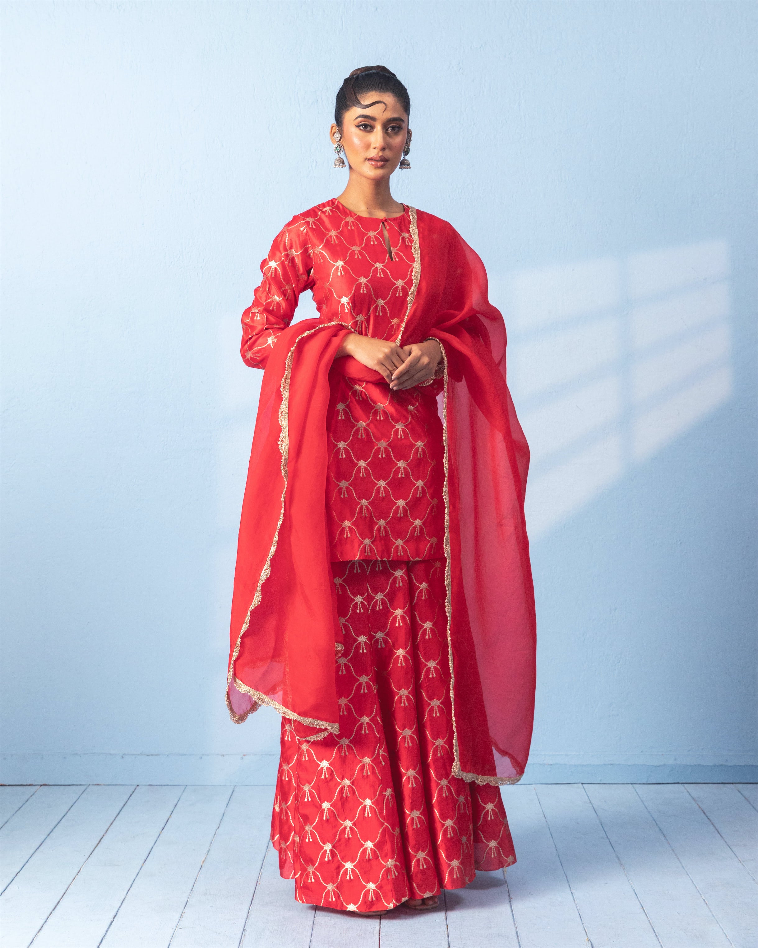 Red Banarasi Sharara Set with Organza Dupatta