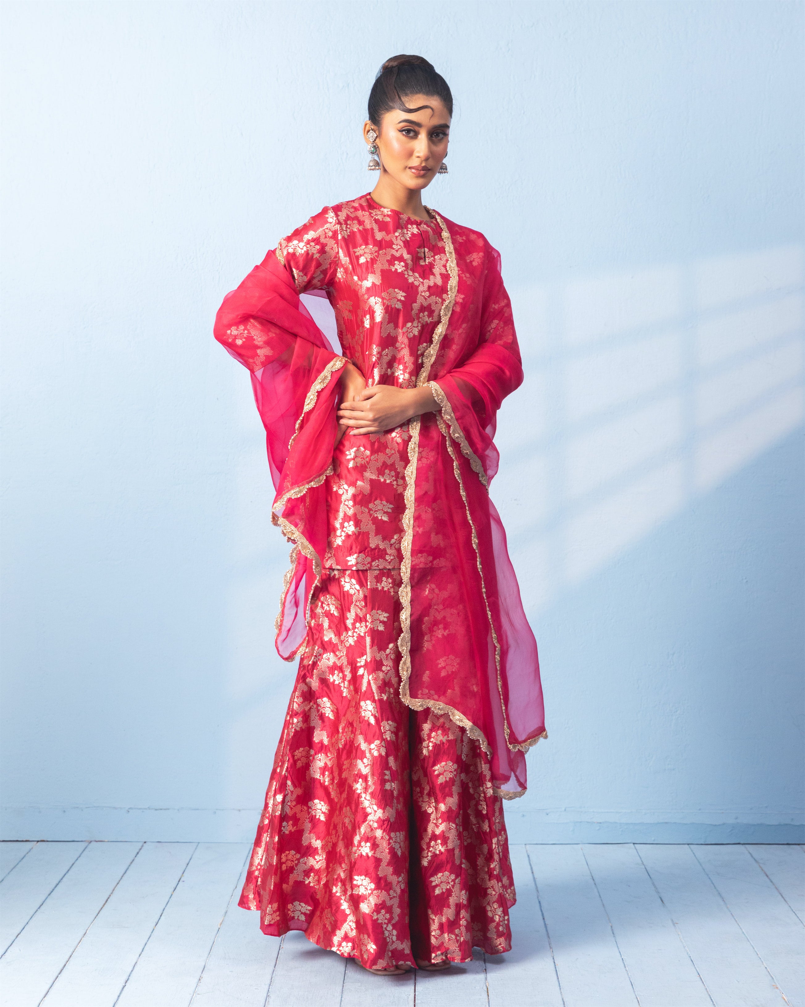 Red Banarasi Sharara Set with Organza Dupatta