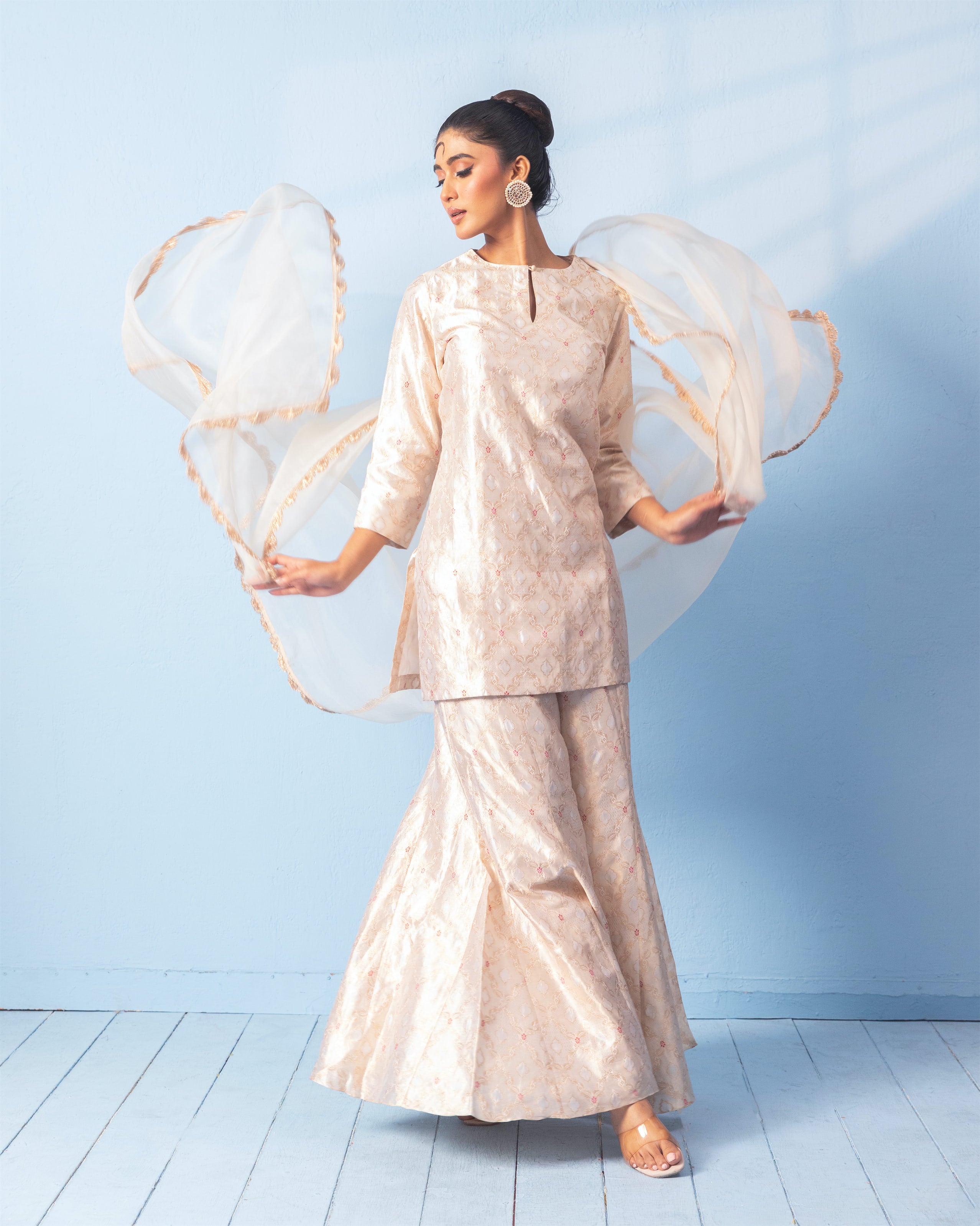 Ivory Banarasi Sharara Set with Red Meenakari and Organza Dupatta