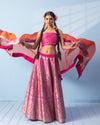 Rani Pink Banarasi Lehenga with Blouse Piece and Orange Organza Dupatta