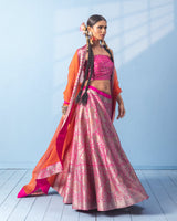 Rani Pink Banarasi Lehenga with Blouse Piece and Orange Organza Dupatta
