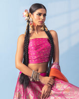 Rani Pink Banarasi Lehenga with Blouse Piece and Orange Organza Dupatta