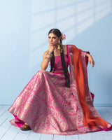 Rani Pink Banarasi Lehenga with Blouse Piece and Orange Organza Dupatta