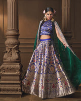 Blue Banarasi Silk Lehenga with Emerald Green Organza Dupatta & Hand Zardosi Work | Jaal Blouse
