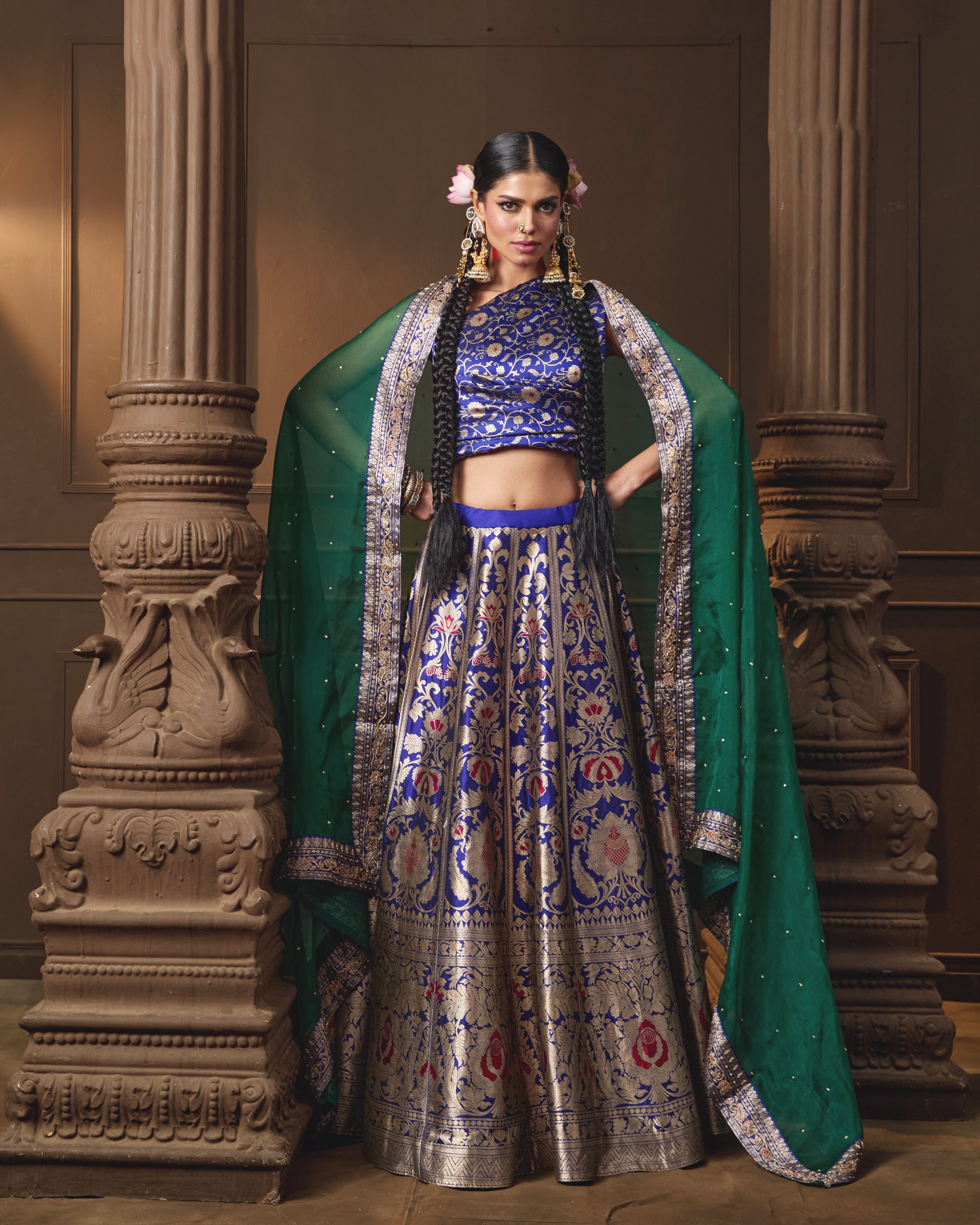 Blue Banarasi Silk Lehenga with Emerald Green Organza Dupatta & Hand Zardosi Work | Jaal Blouse