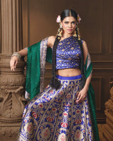Blue Banarasi Silk Lehenga with Emerald Green Organza Dupatta & Hand Zardosi Work | Jaal Blouse
