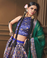 Blue Banarasi Silk Lehenga with Emerald Green Organza Dupatta & Hand Zardosi Work | Jaal Blouse