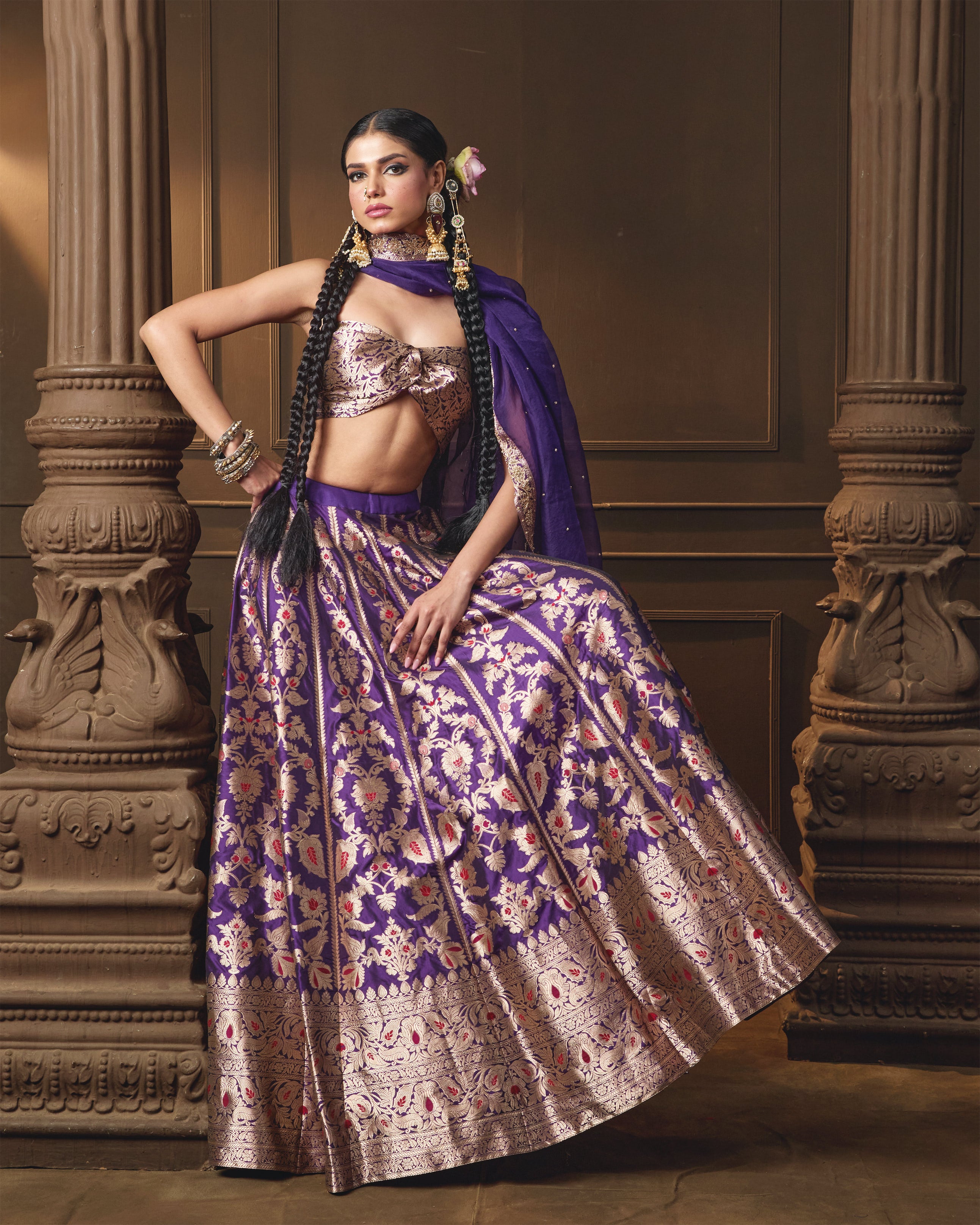 Purple Silk Lehenga with Red Meenakari, Jaal Blouse & Zardosi Organza Dupatta
