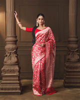 Red Banarasi Silk Shikargah Saree with Running Blouse