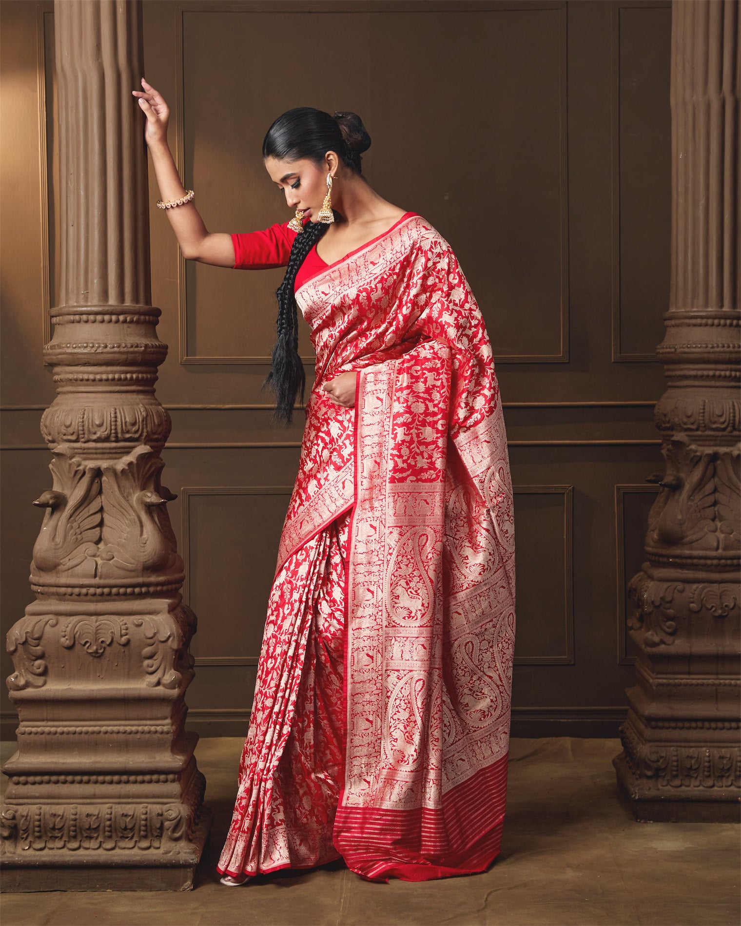 Red Banarasi Silk Shikargah Saree with Running Blouse