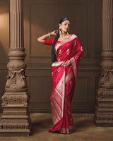 Red Banarasi Silk Kadua Saree with Silver & Gold Zari Motifs