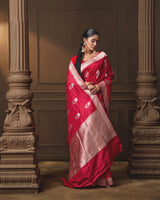 Red Banarasi Silk Kadua Saree with Silver & Gold Zari Motifs