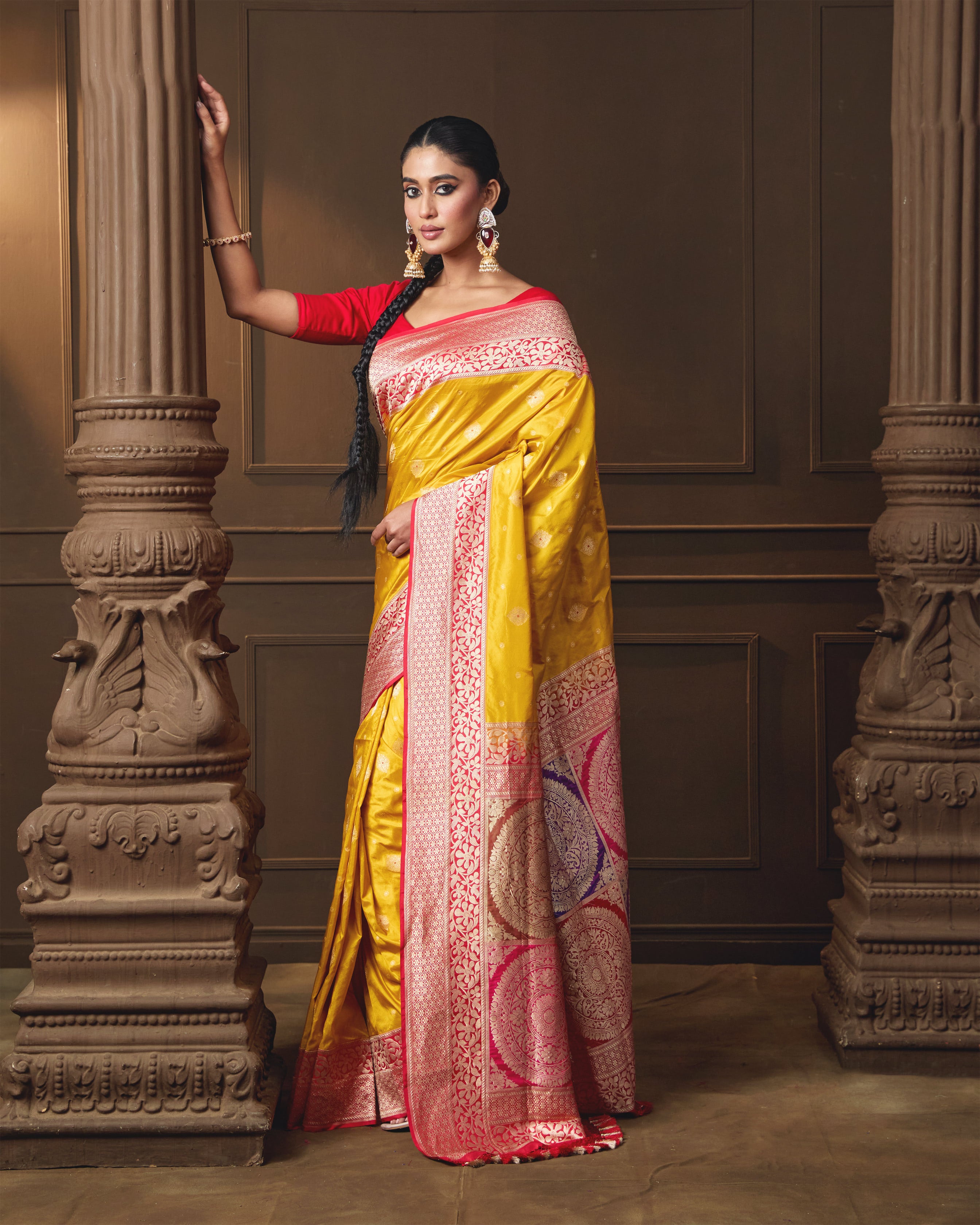 Yellow Banarasi Silk Saree with Contrast Red Border & Rangkaat Palla