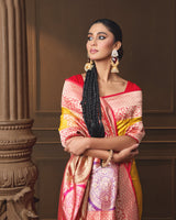 Yellow Banarasi Silk Saree with Contrast Red Border & Rangkaat Palla