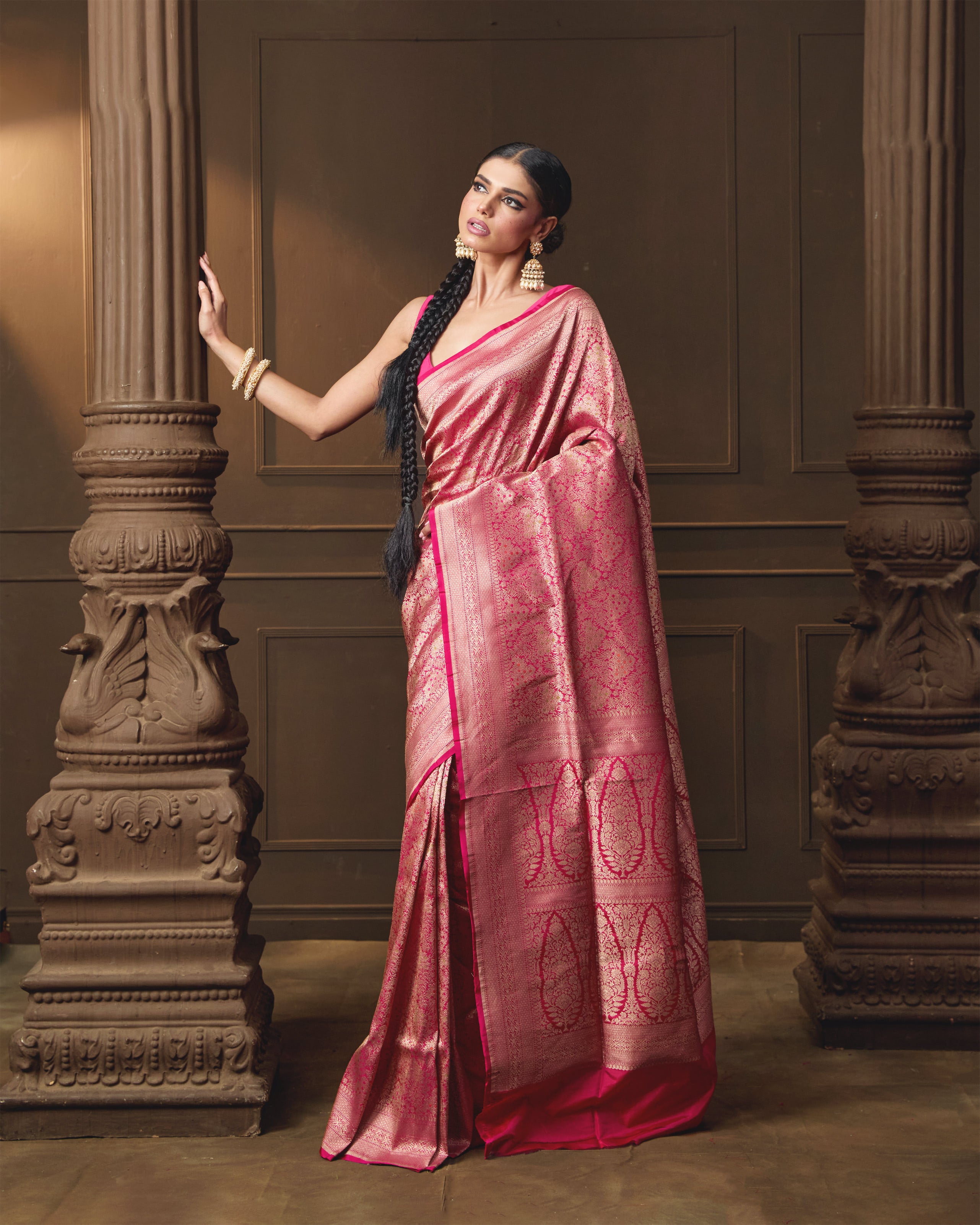 Pink Banarasi Silk Saree with Meenakari