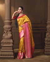 Mustard Banarasi Silk Saree with Self-Weaving & Contrast Red–Rani Border