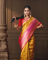 Mustard Banarasi Silk Saree with Self-Weaving & Contrast Red–Rani Border