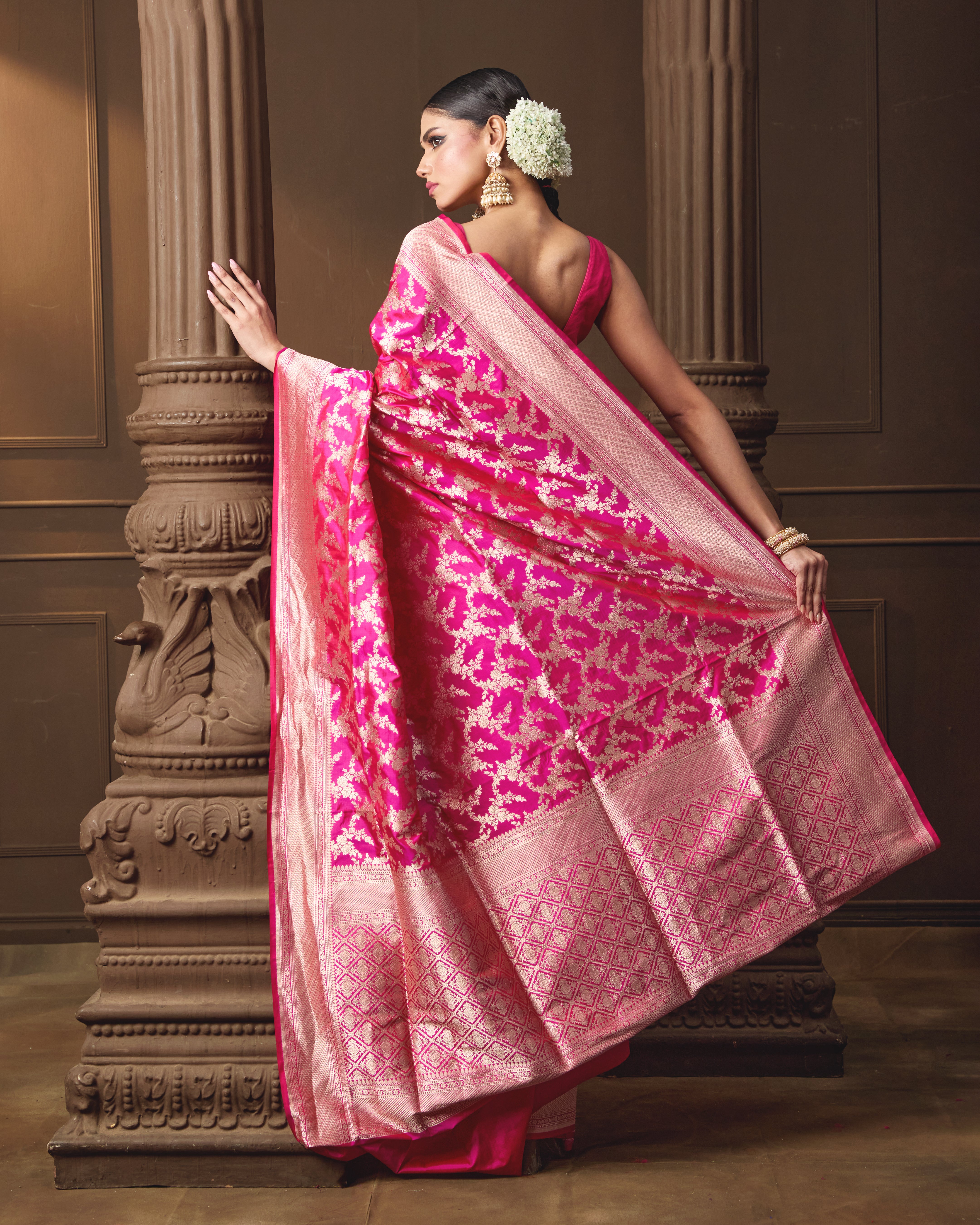 Pink Banarasi Silk Saree with Intricate Jaal Weave