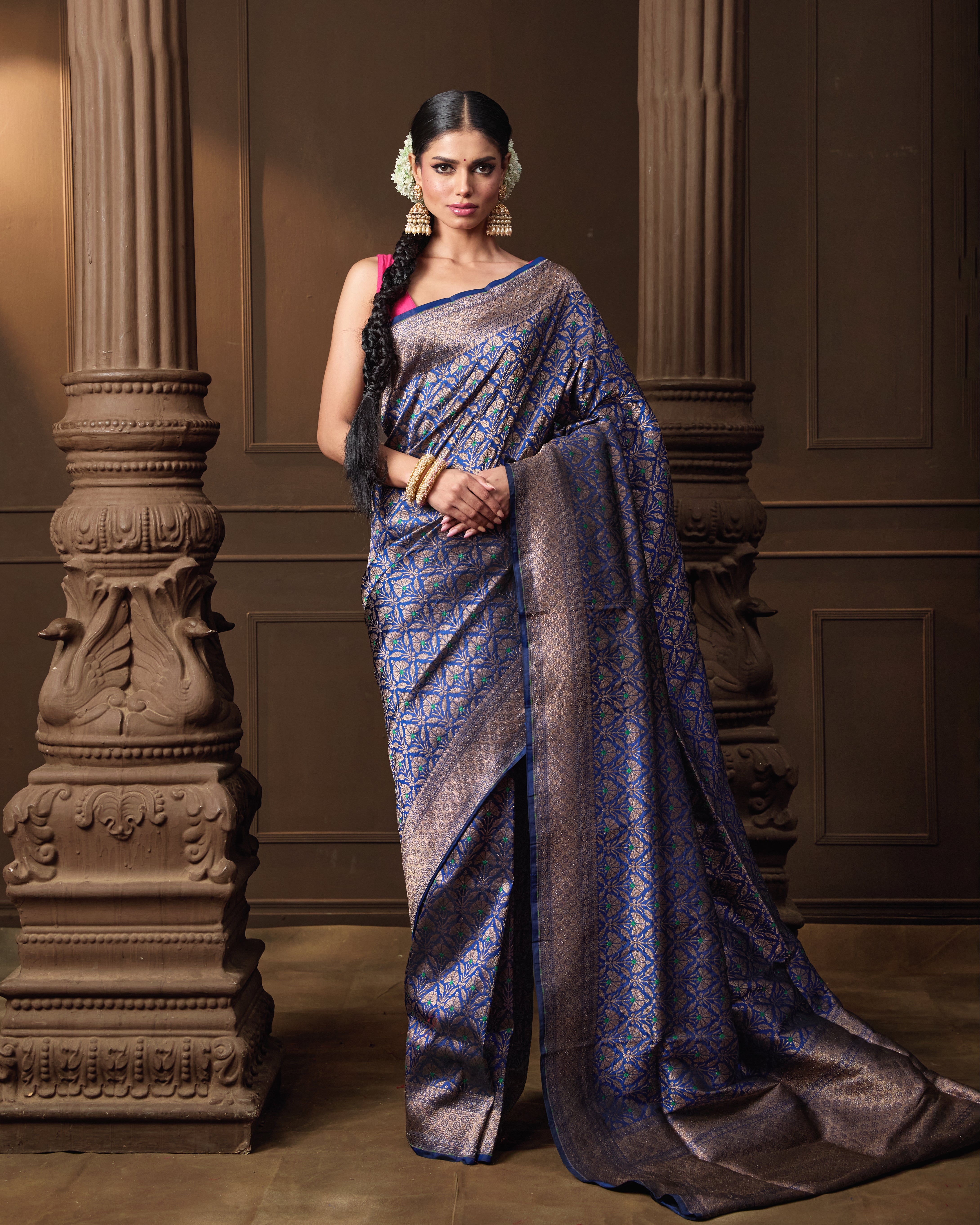 Blue Banarasi Silk Jaal Saree with Meena Work & Running Blouse