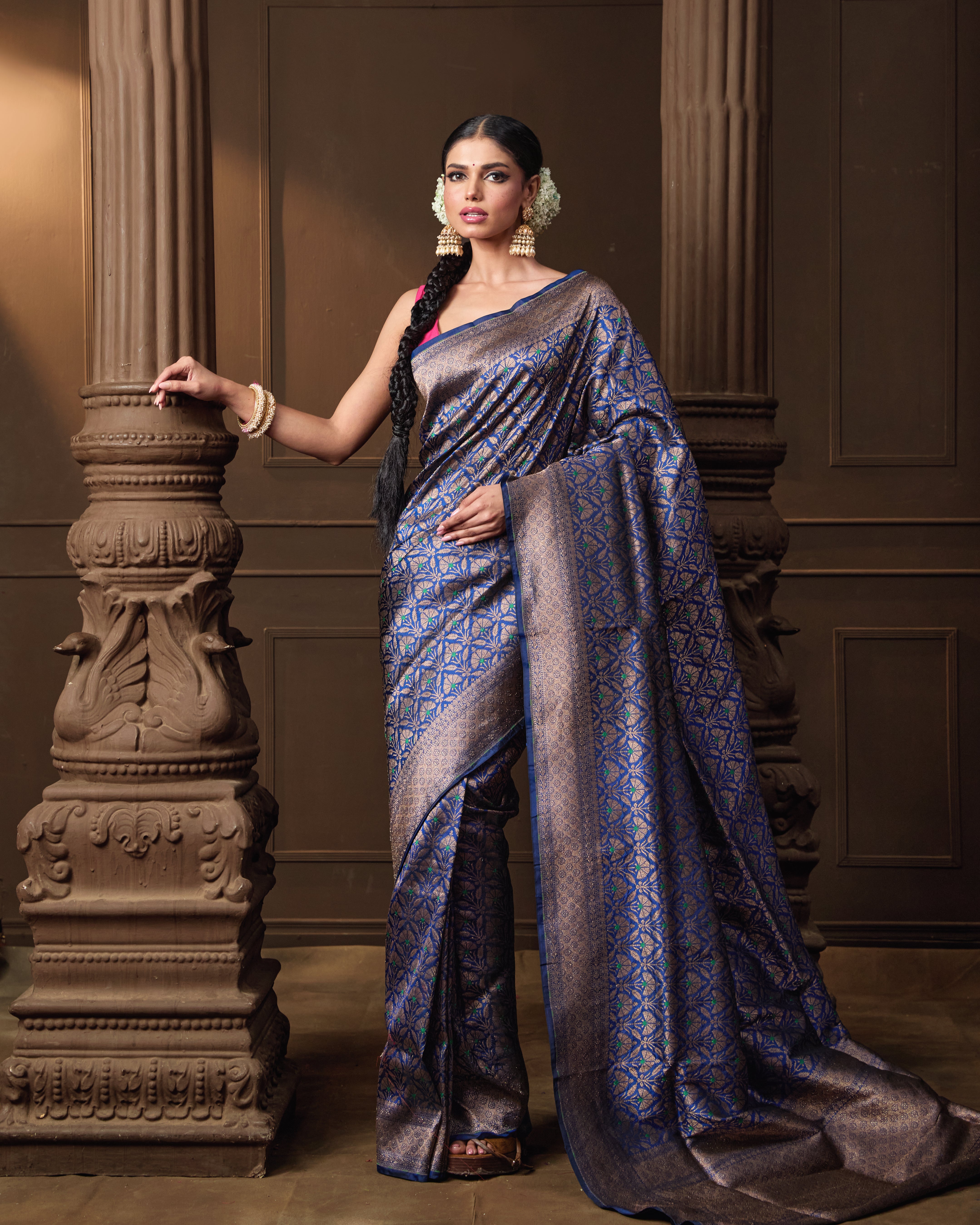 Blue Banarasi Silk Jaal Saree with Meena Work & Running Blouse