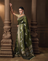 Olive Banarasi Silk Saree with Silver & Gold Zari