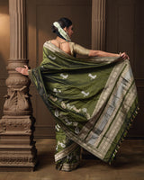 Olive Banarasi Silk Saree with Silver & Gold Zari
