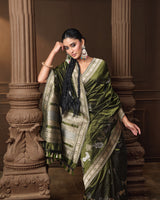 Olive Banarasi Silk Saree with Silver & Gold Zari