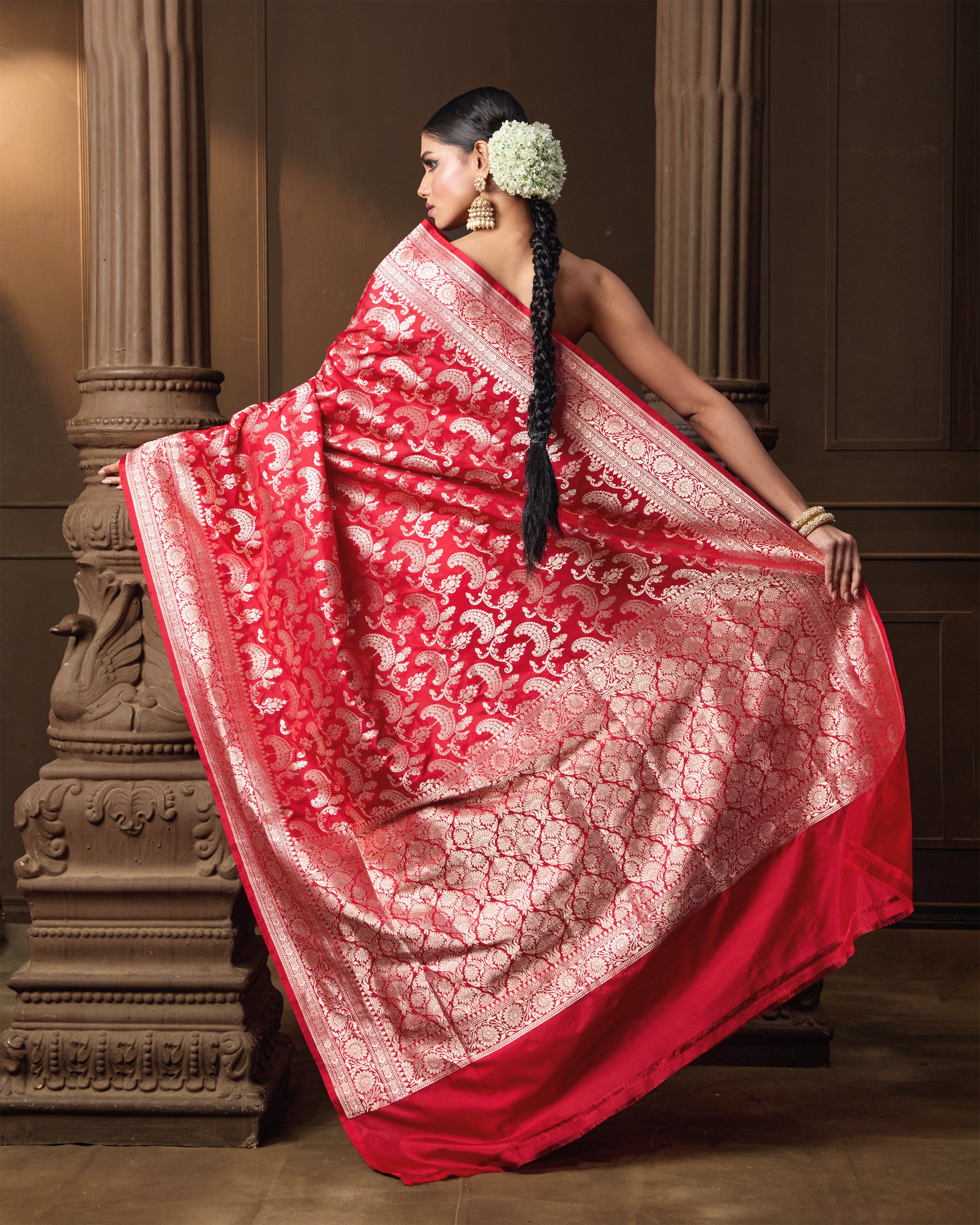 Red Jaal Banarasi Silk Saree with Running Blouse