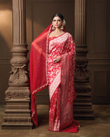 Red Jaal Banarasi Silk Saree with Running Blouse