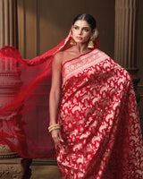 Red Jaal Banarasi Silk Saree with Running Blouse