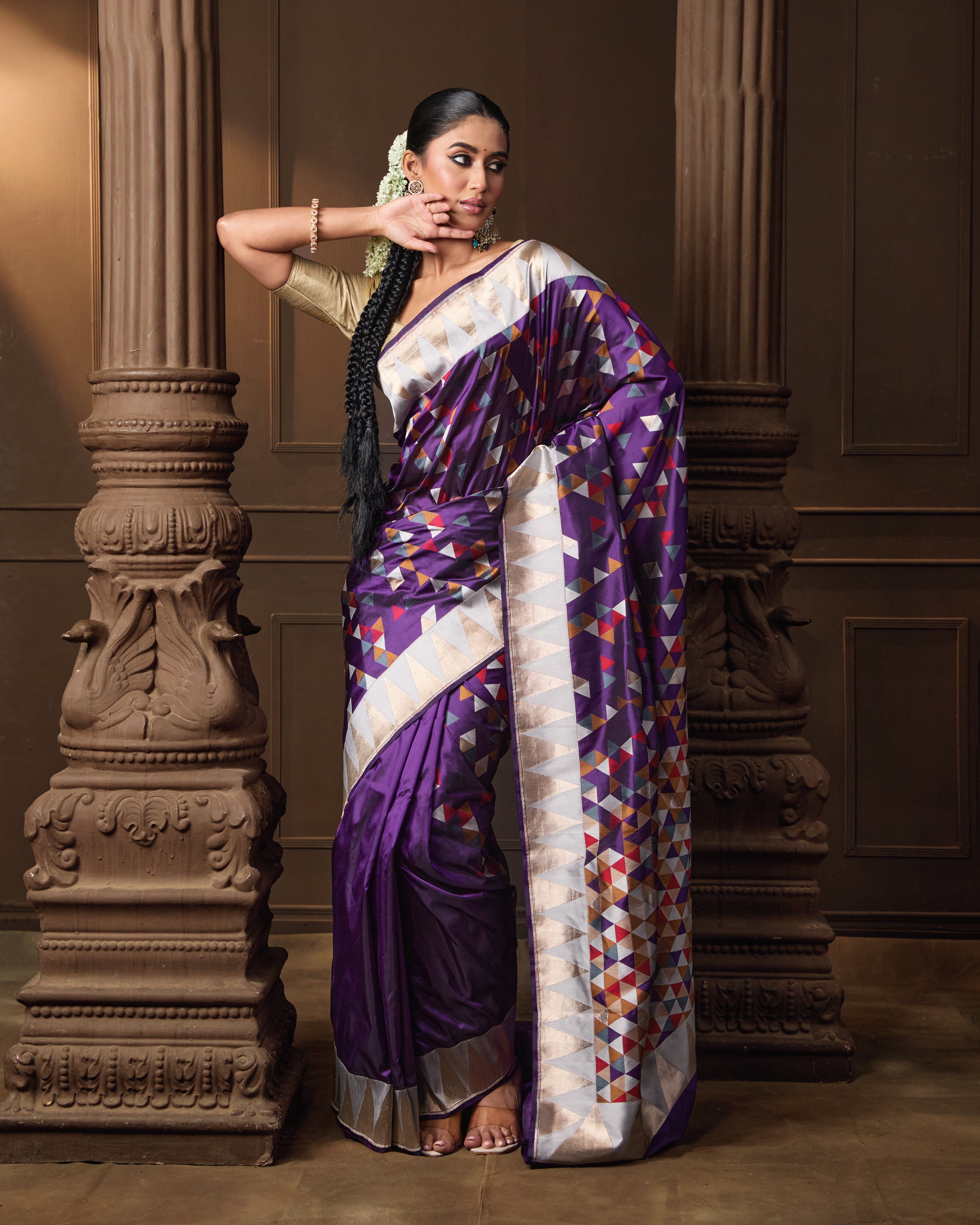 Purple Multi-Coloured Banarasi Silk Saree with Origami Weave & Running Blouse