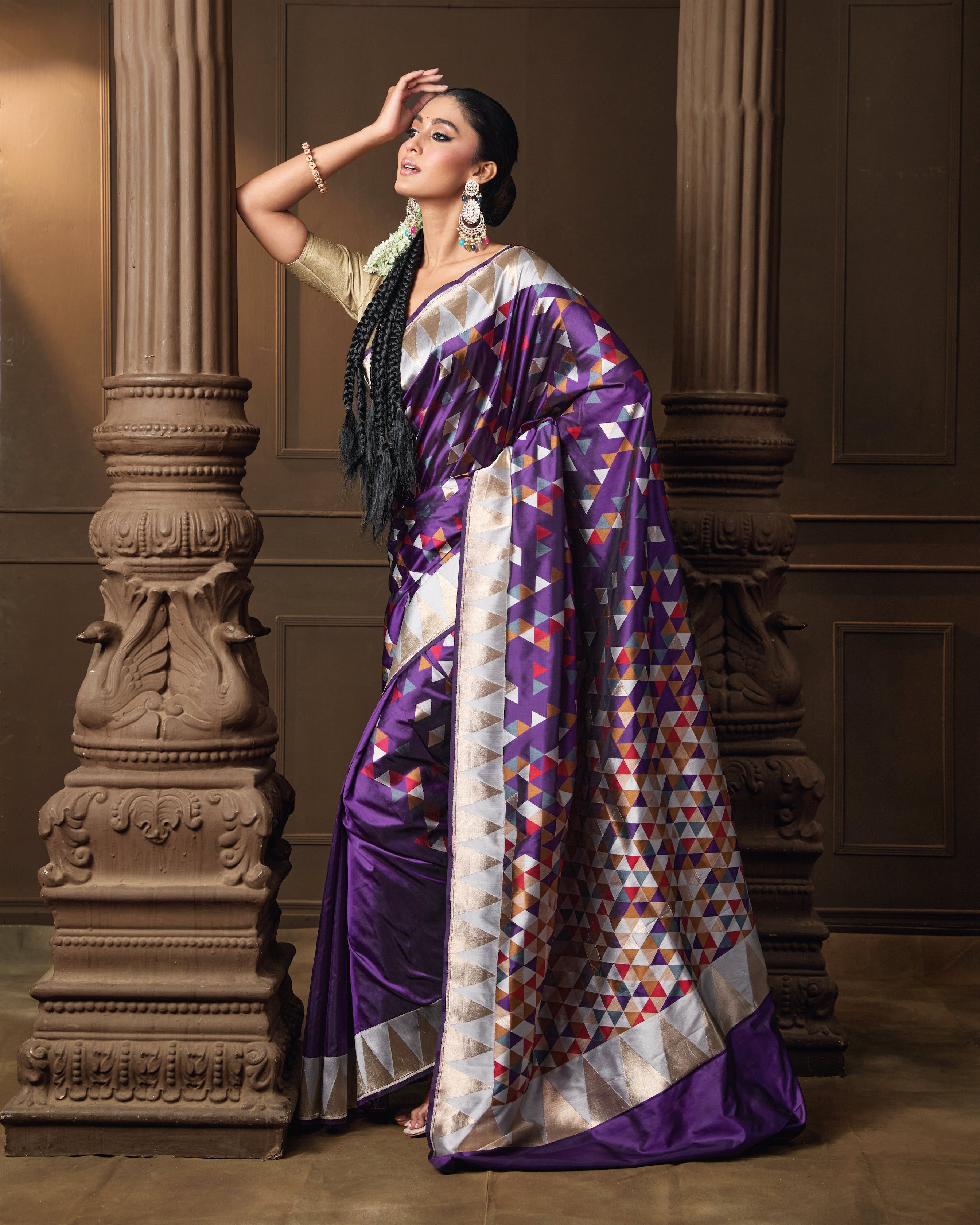 Purple Multi-Coloured Banarasi Silk Saree with Origami Weave & Running Blouse