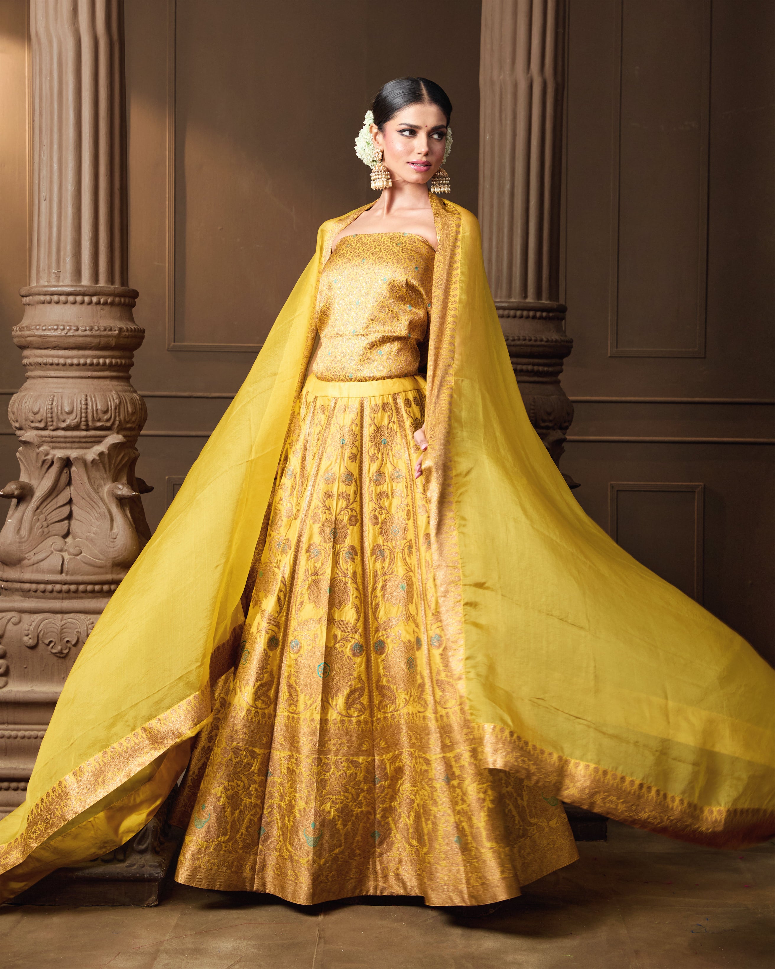 Yellow Lehenga with Meenakari, Organza Dupatta & Jaal Blouse Piece