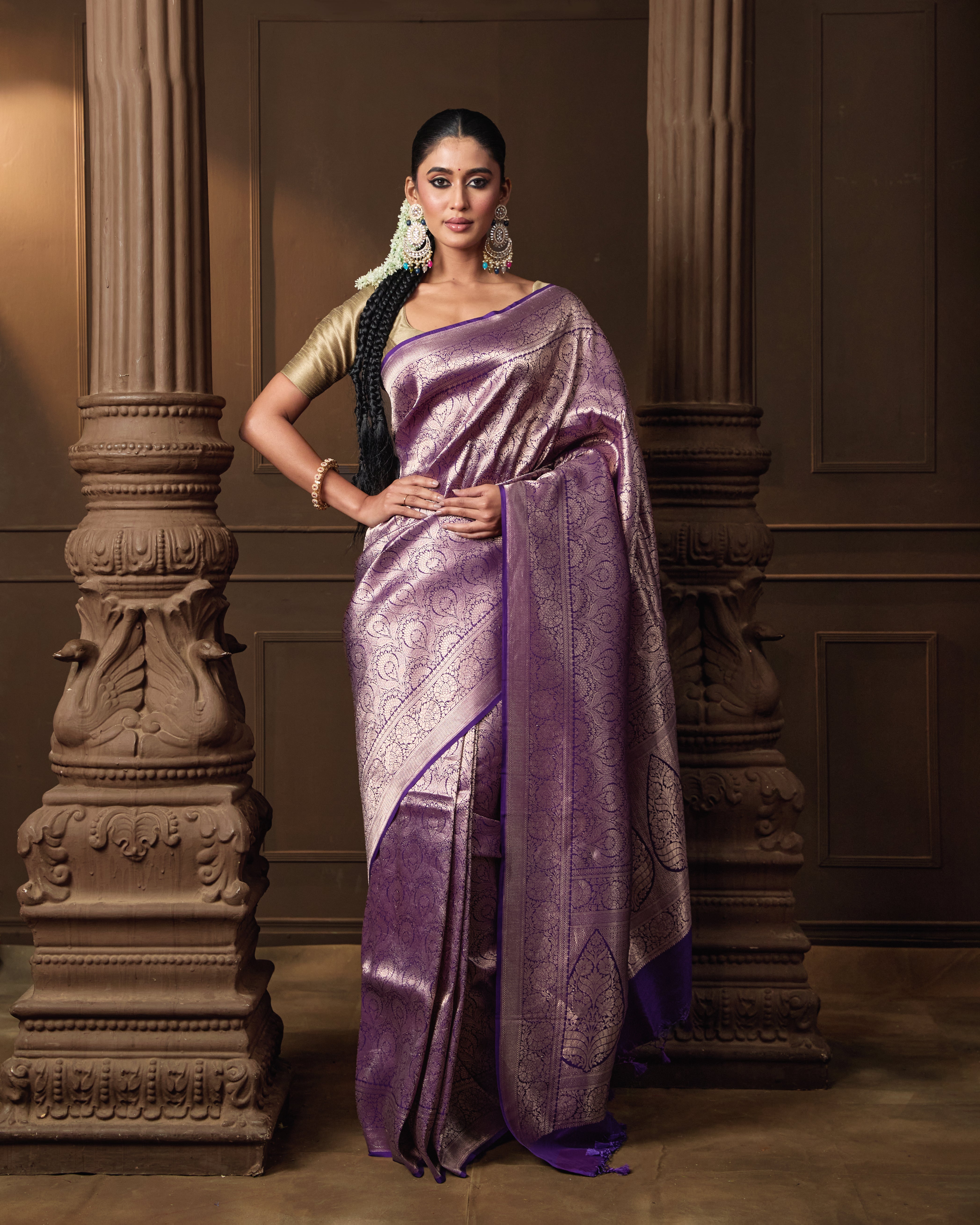 Purple Brocade Banarasi Silk Saree with Running Blouse