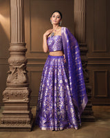 Purple Gold & Silver Zari Silk Lehenga with Banarasi Kora Dupatta & Jaal Blouse Piece
