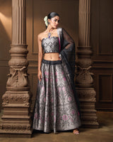 Black Silver Zari Silk Lehenga with Organza Dupatta & Jaal Blouse
