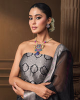 Black Silver Zari Silk Lehenga with Organza Dupatta & Jaal Blouse