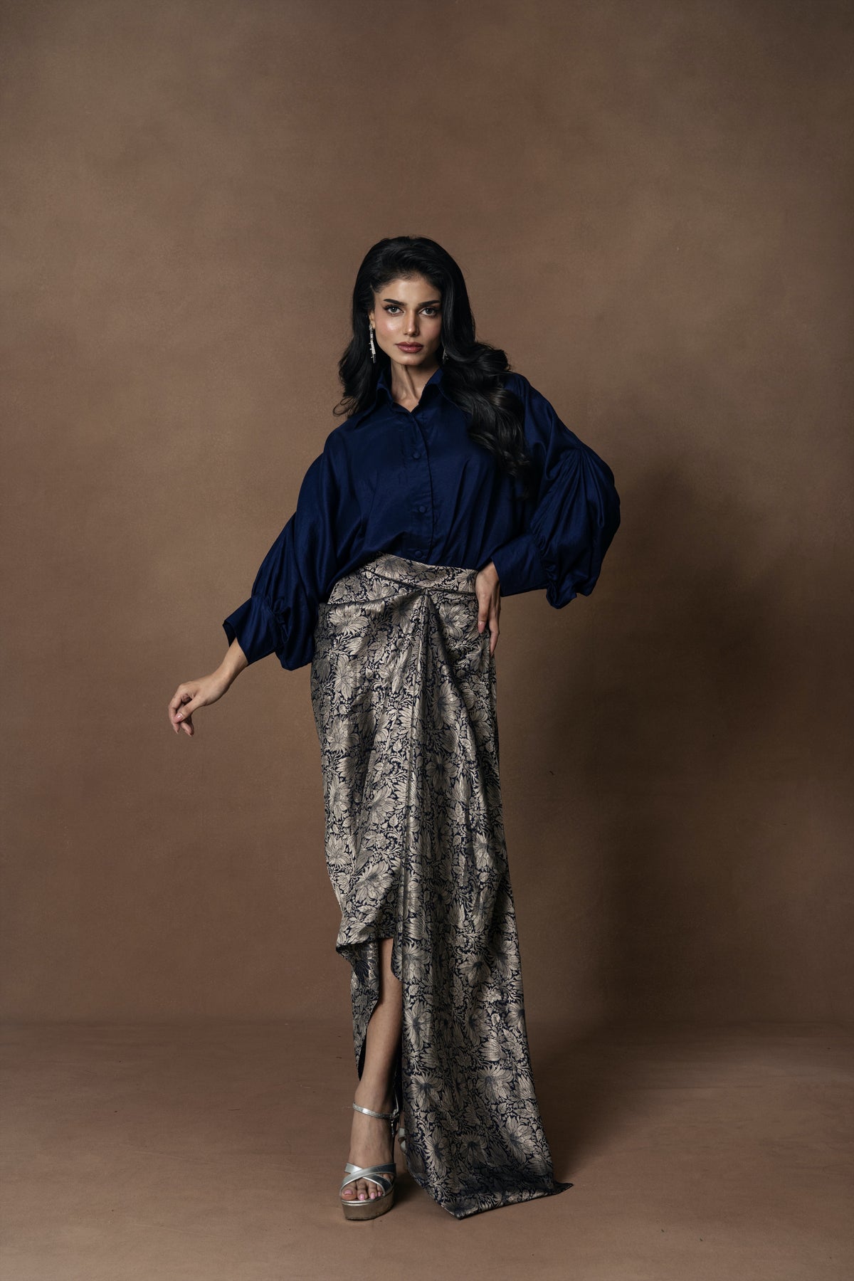 Brocade Draped Skirt with Silk Shirt
