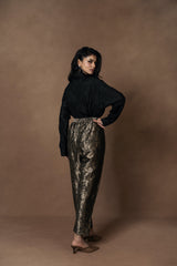 Brocade Barrel Pants with Black Silk Shirt