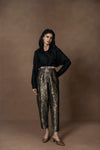 Brocade Barrel Pants with Black Silk Shirt