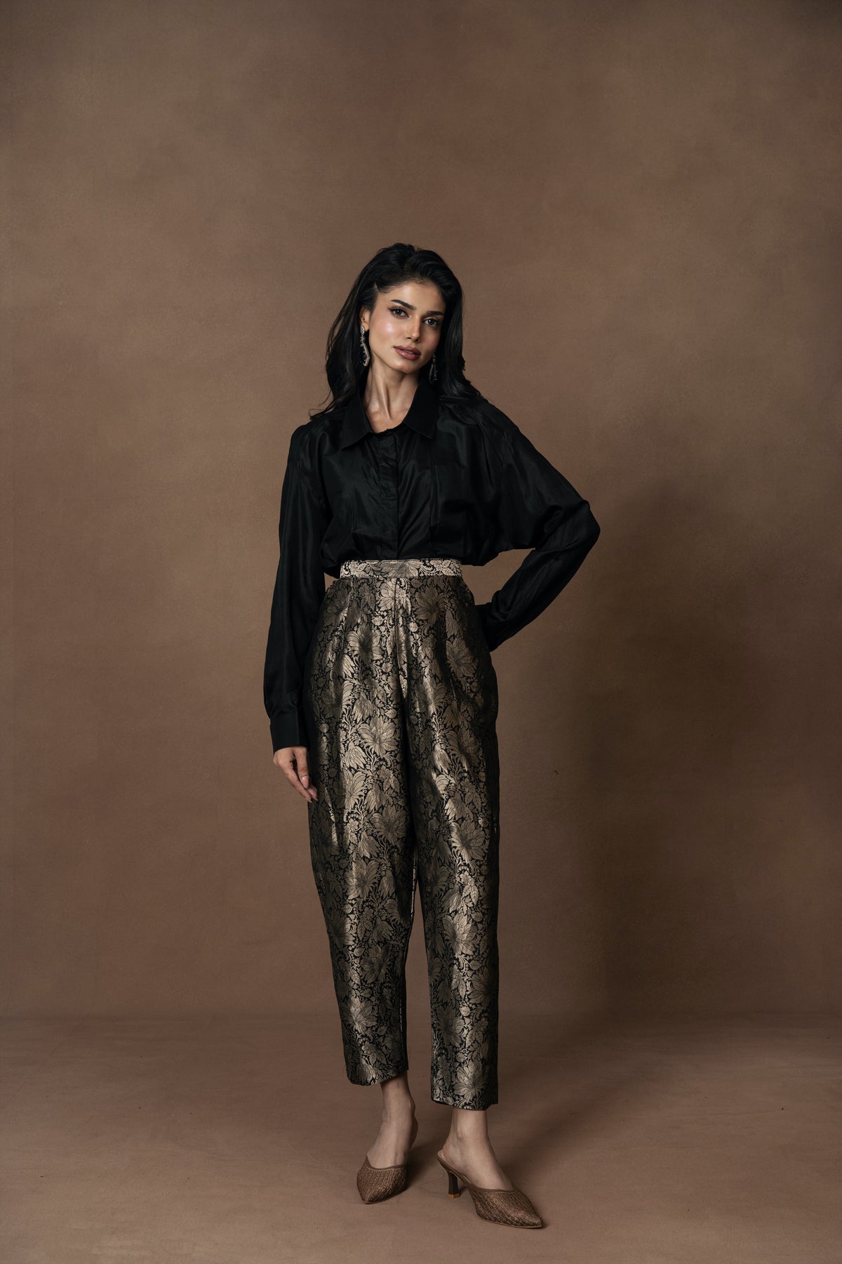 Brocade Barrel Pants with Black Silk Shirt