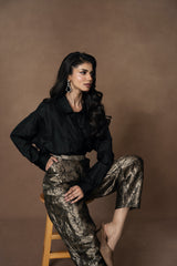 Brocade Barrel Pants with Black Silk Shirt