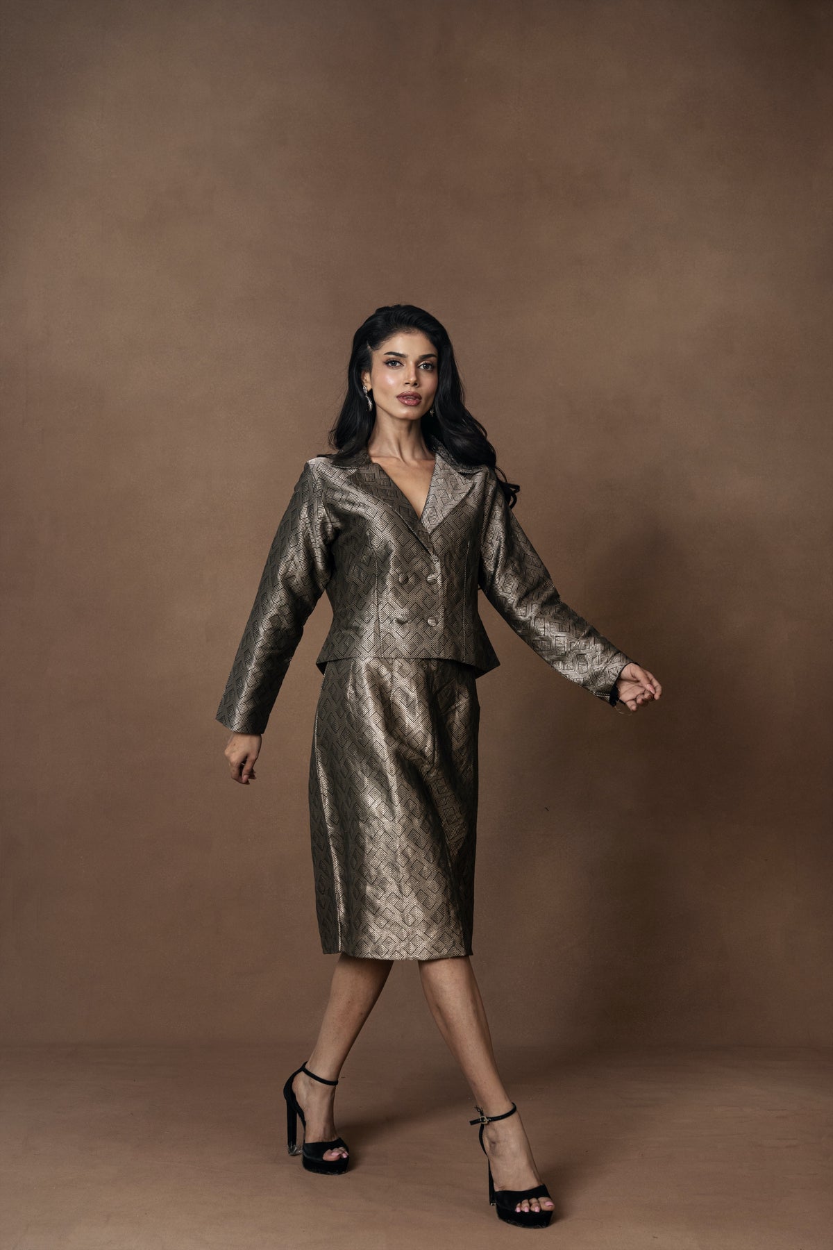 Brocade Silver Waistcoat with Pencil Skirt