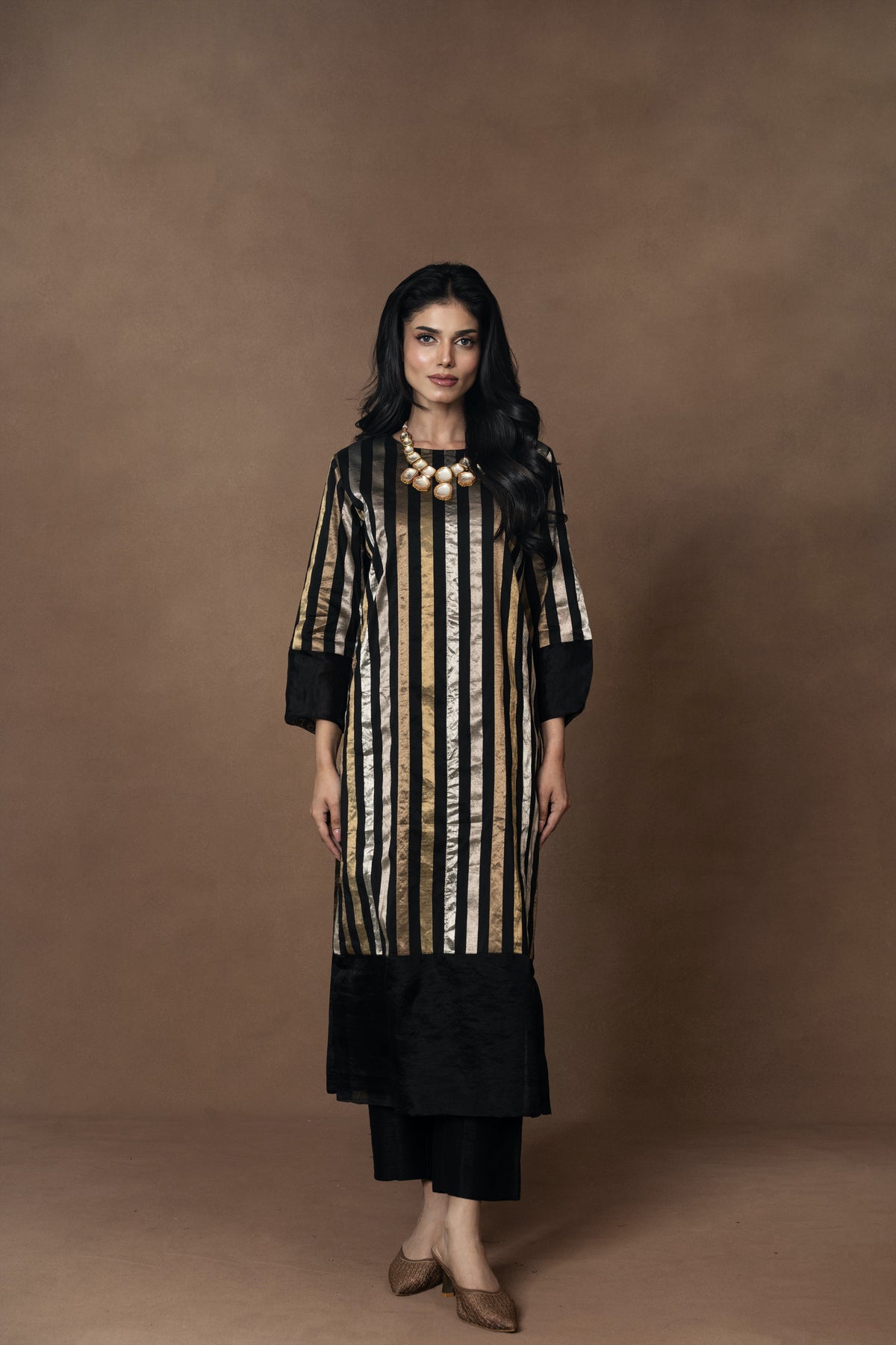Black Metallic Silk Kurta Set with Organza Detailing